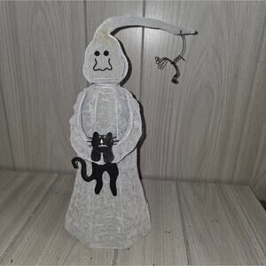 Vtg Ghost Holding Black Cat Light Cover With Hanging Spider Halloween Decor